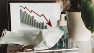 Coronavirus Impact and outbreak. Economic impact of coronavirus outbreak deepens. Bar Charts step down on the world map which close up China and text coronavirus on a bar chart.